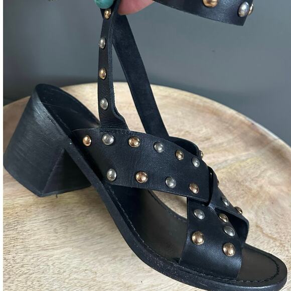 Maje Fiona sandals black leather gold silver studs ankle wrap sz 39 - Picture 2 of 14